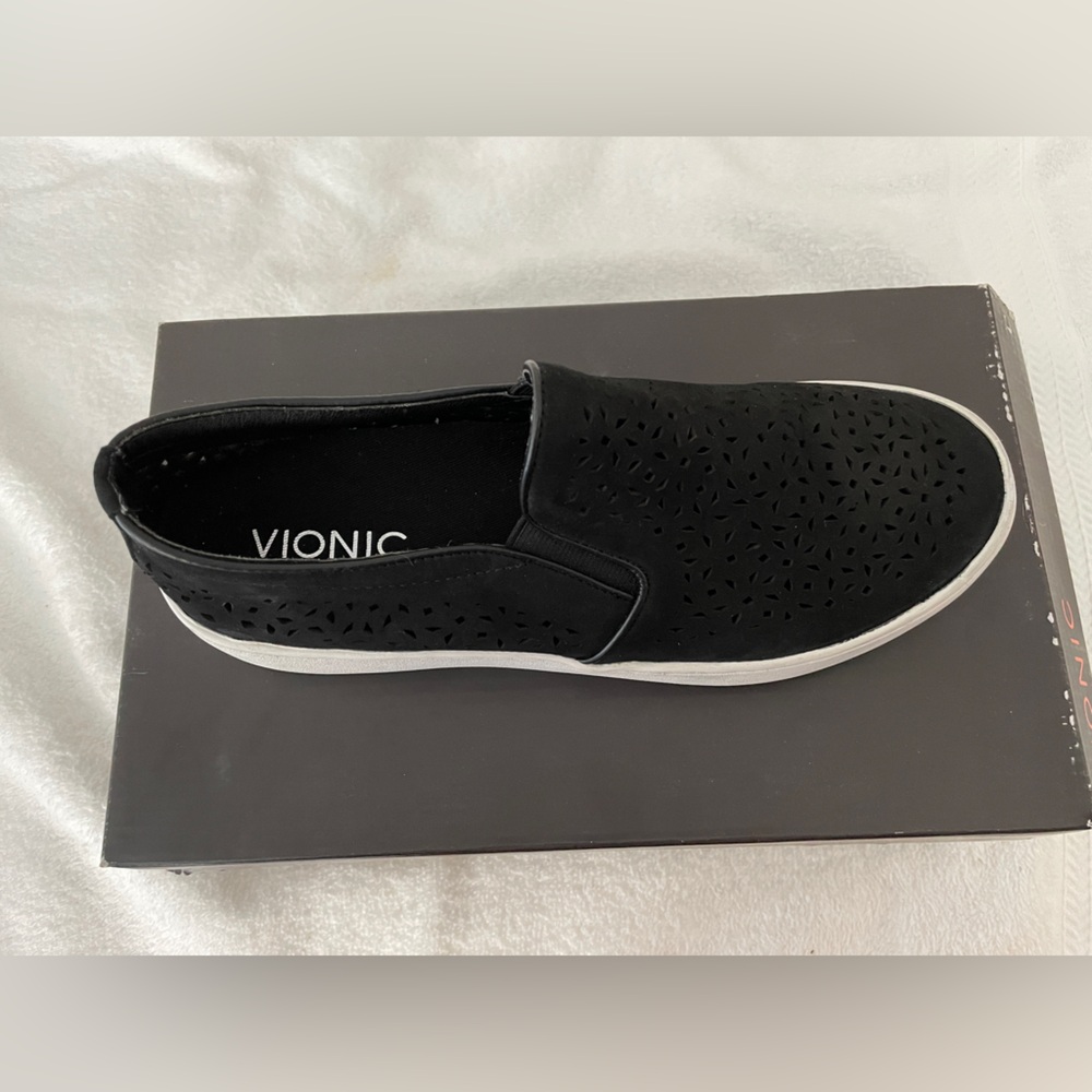 Vionic Women's Black and White Perforated Slip-On Sneakers - Picture 2 of 4